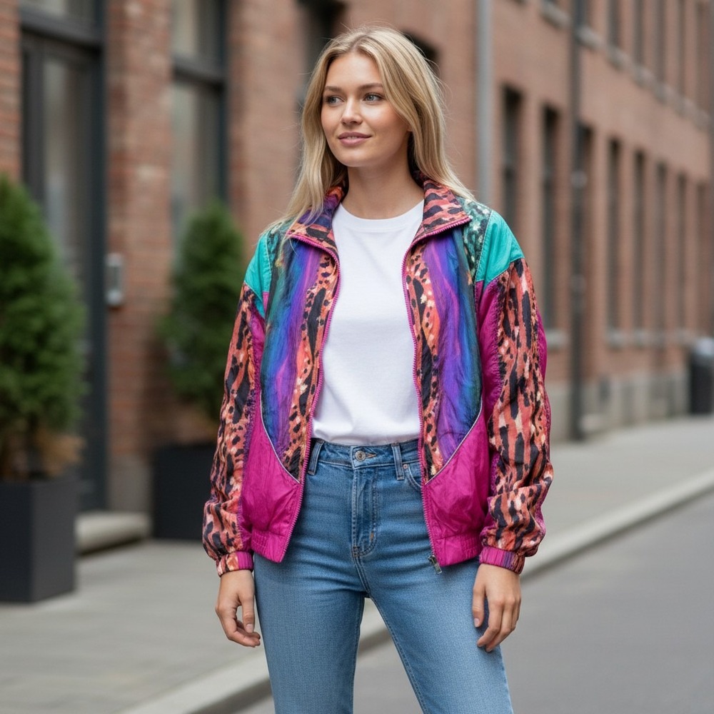 Vintage Active Exposure 90s Neon Pink Purple Abstract Geometric‎ Windbreaker M